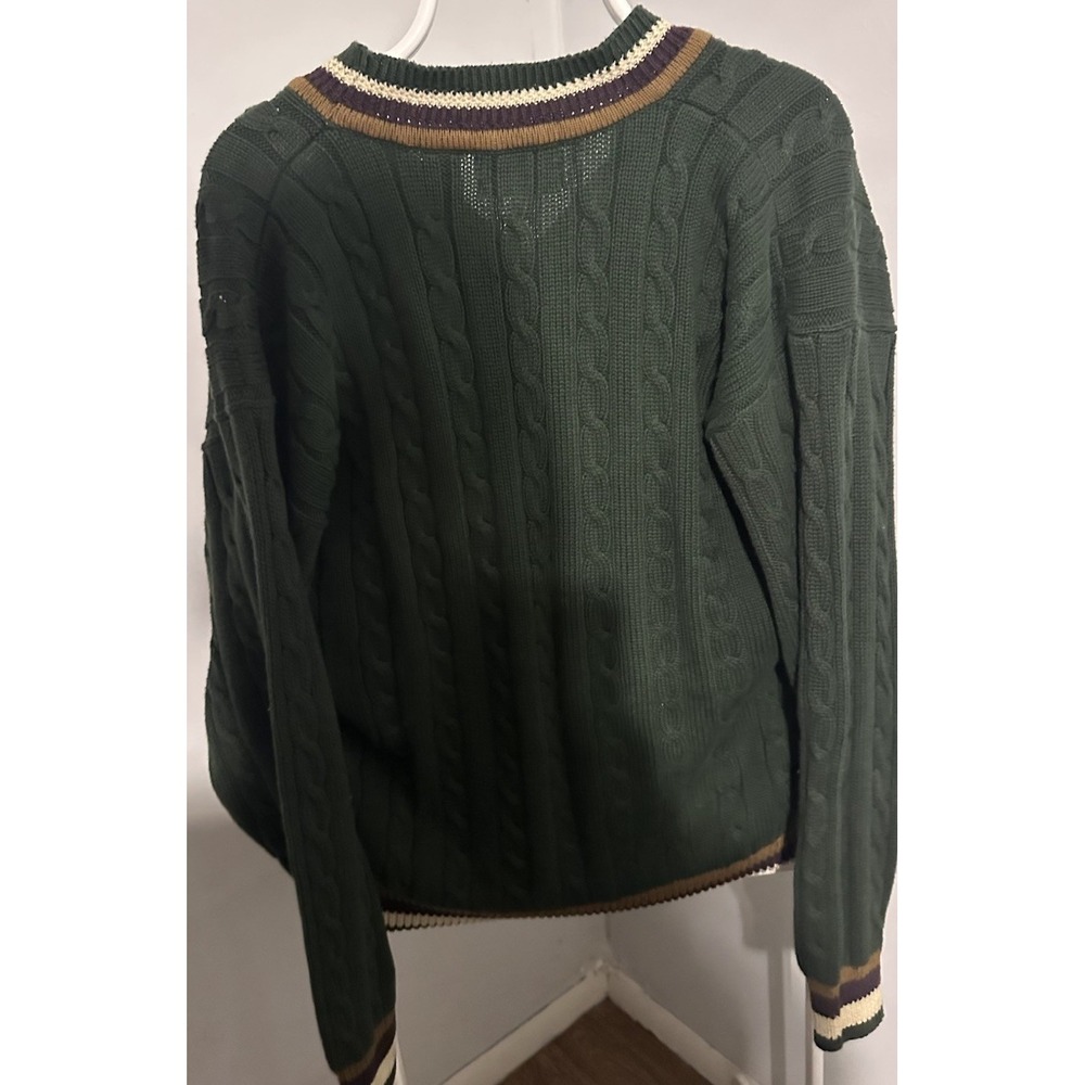 Vintage Woods & Gray S Green Cable Knit V Neck Sweater 100% Cotton Size Medium - Picture 2 of 5